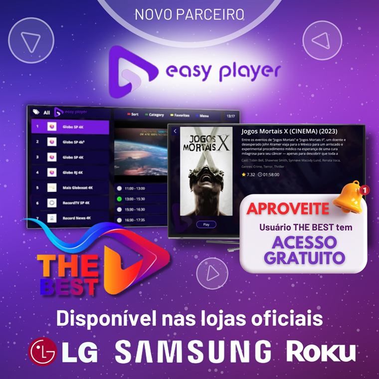 Novo parceiro Easy Player — disponível nas lojas oficiais LG, Samsung e Roku, com acesso gratuito para usuários The Best